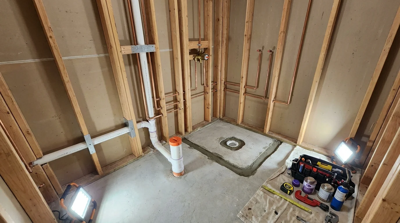 Bathroom rough-in plumbing during remodel by Johns Plumbing LLC in Ellis