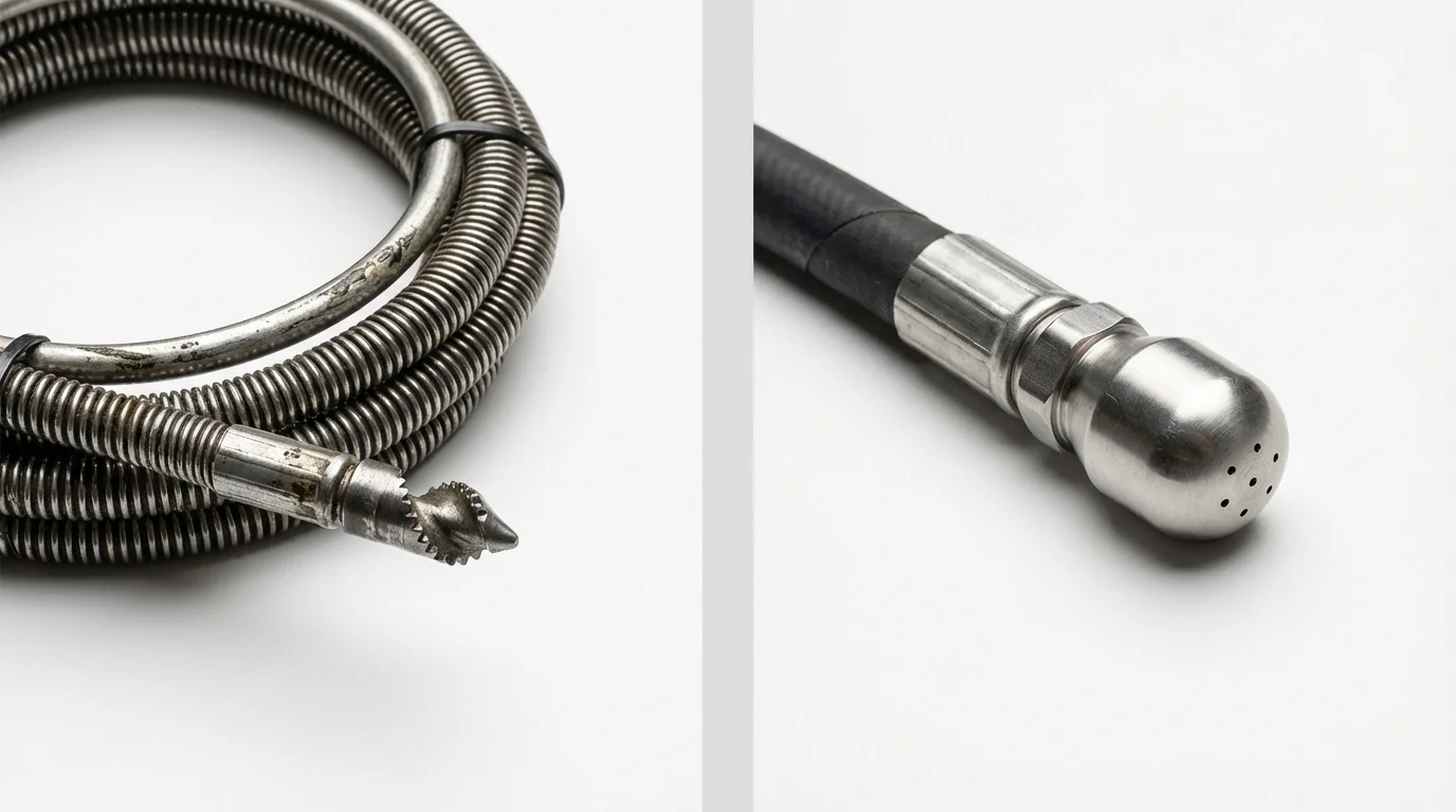 Drain snake cable and hydro jetting nozzle used for drain cleaning in Ellis, KS