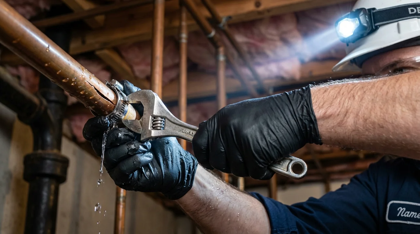 Emergency pipe clamp repair being performed by a Johns Plumbing LLC plumber in Ellis
