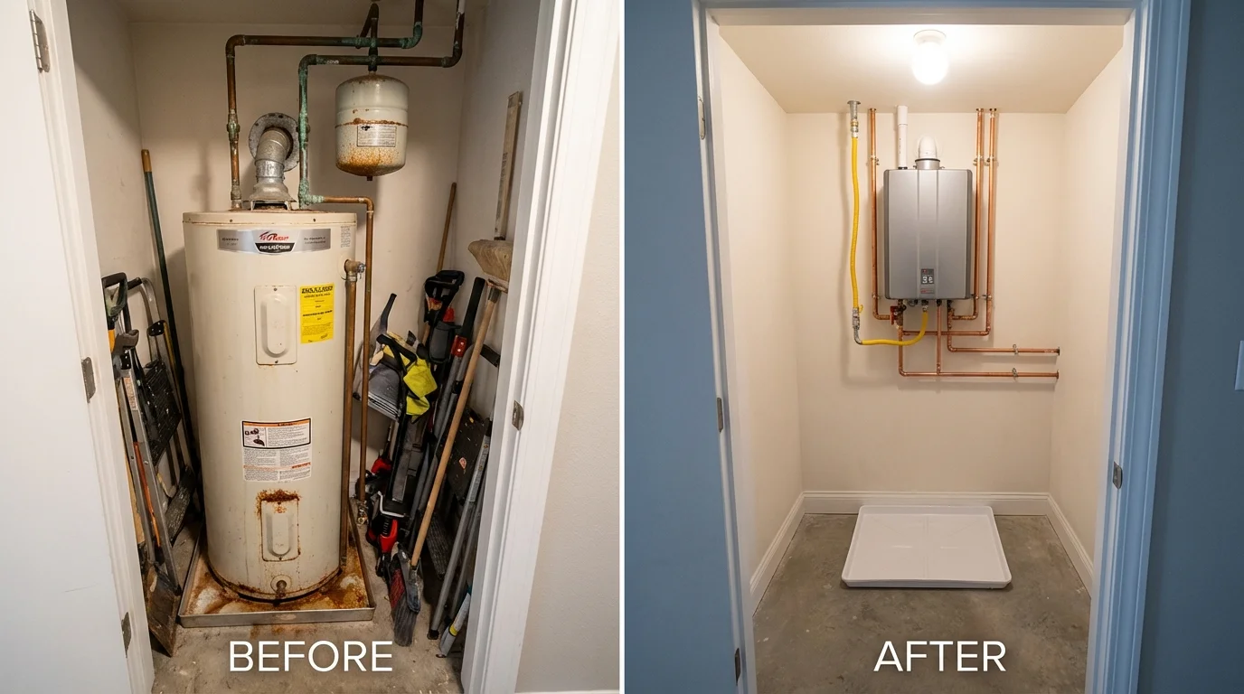 Tank water heater versus wall-mounted tankless unit comparison for Ellis, KS homeowners