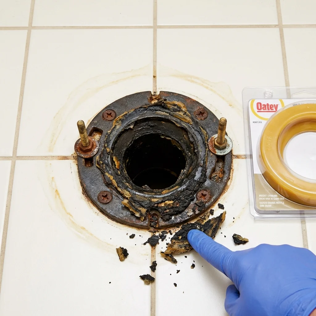 Failed wax ring showing water seepage at the base of a toilet in a Ellis, KS home