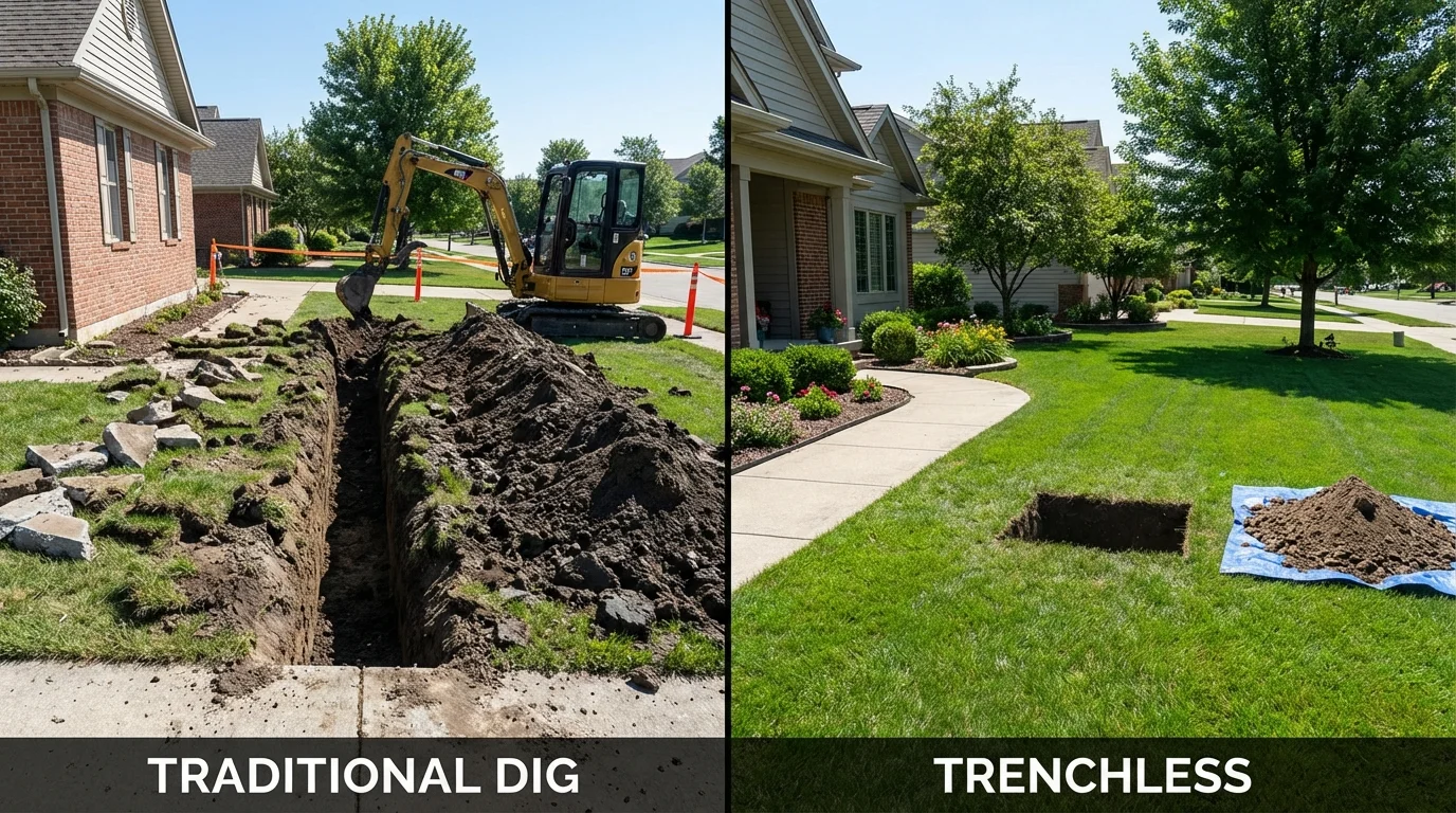 Trenchless sewer repair with minimal yard damage versus traditional excavation in Ellis, KS