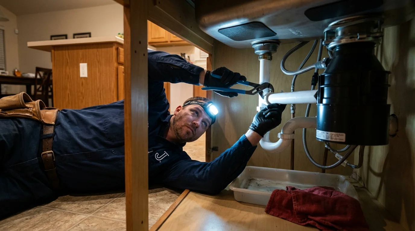 P-trap and supply line connections under a kitchen sink showing a common leak point in Ellis, KS